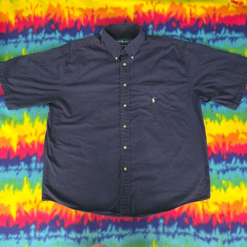 Vintage USA Ralph Lauren Navy Blue Short Sleeve Button Down Shirt Mens XL